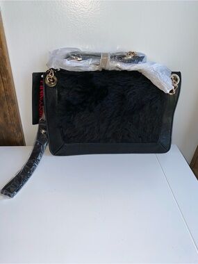 Pink Cosmo Black Faux Fur Shoulder Bag with Gold Chain
